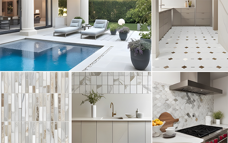 Elegant outdoor patio with bright mosaic tiles and Matte Porcelain indoor flooring, showcasing kitchen versatility